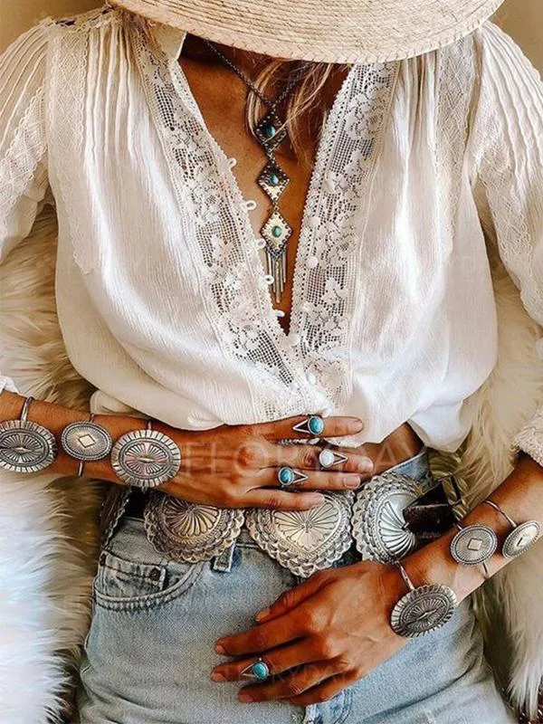 Sexy Boho V-Neckline Long Sleeve Lace Blouses Tops