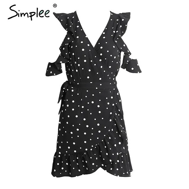 Simplee Ruffle cold shoulder polkadot print summer dress Vintage irregular bow wrap short dress Women chic chiffon white dress