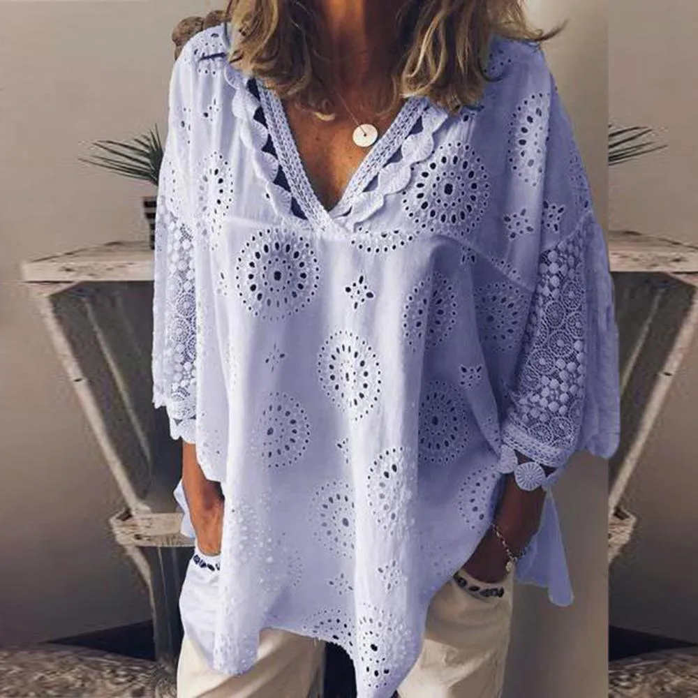 Summer Hot Women Half Sleeve Cotton Hollow-Out Lace Patchwork Shirt