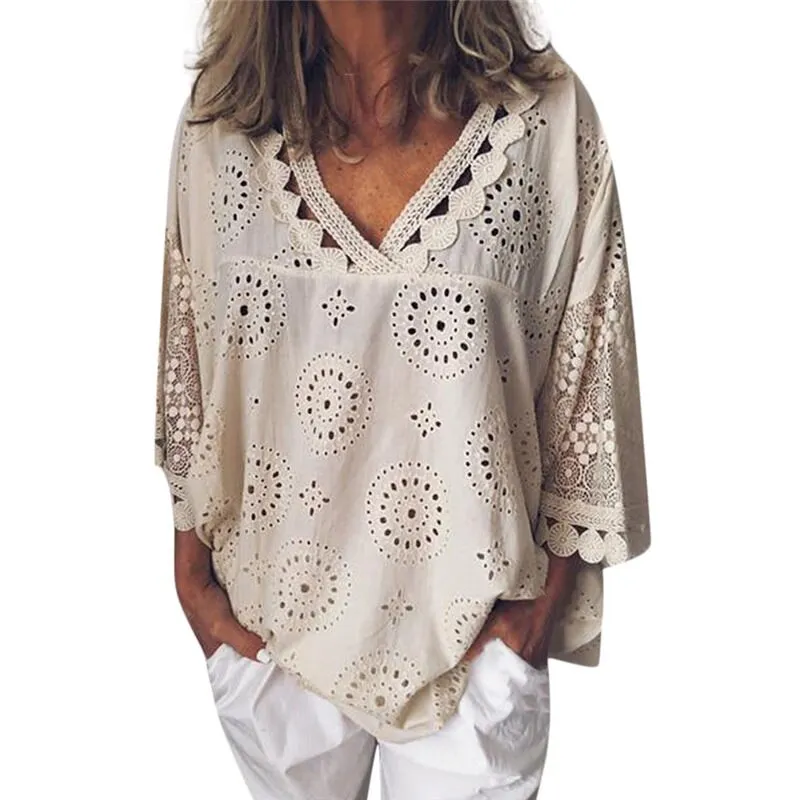 Summer Hot Women Half Sleeve Cotton Hollow-Out Lace Patchwork Shirt