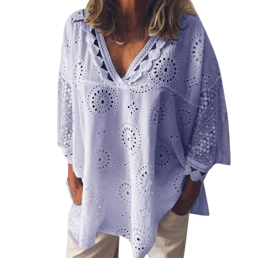 Summer Hot Women Half Sleeve Cotton Hollow-Out Lace Patchwork Shirt