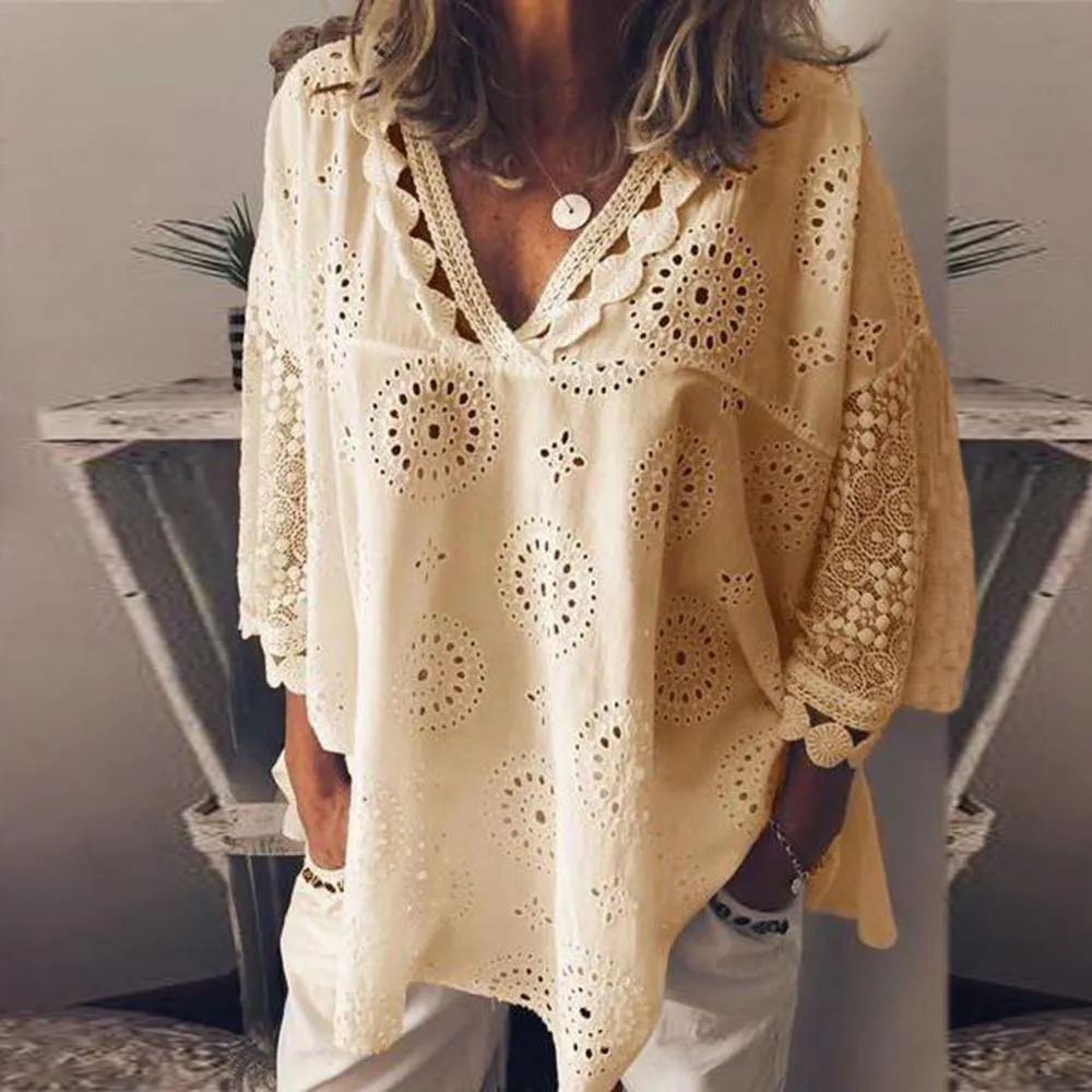 Summer Hot Women Half Sleeve Cotton Hollow-Out Lace Patchwork Shirt