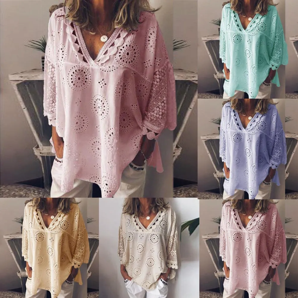 Summer Hot Women Half Sleeve Cotton Hollow-Out Lace Patchwork Shirt