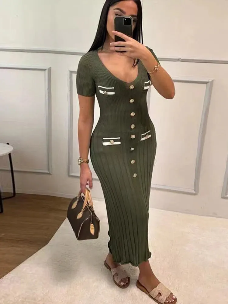 V-neck Short Sleeve Lady Robe, Elegant Knit Long Dress Women Chic Button Ribbed Slim Hip Package Female Dresses