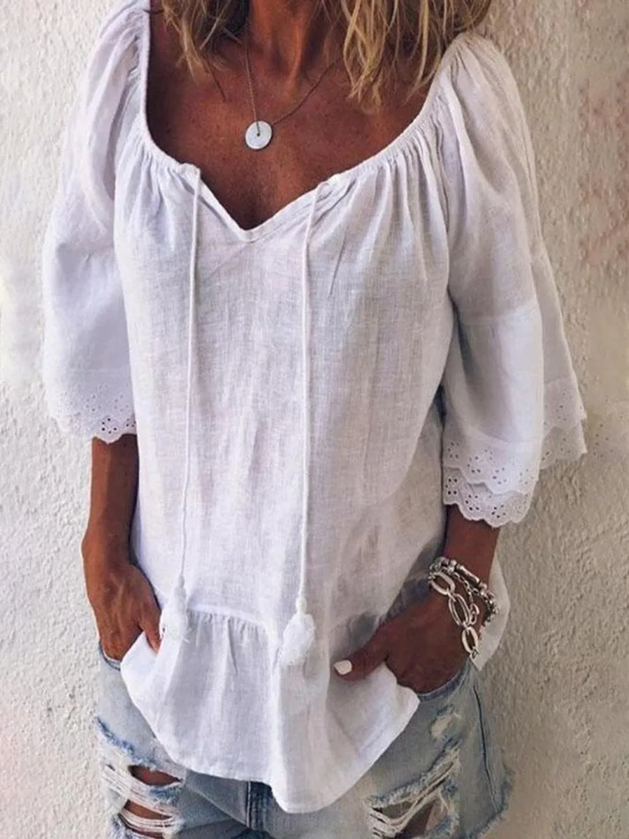 V Neck Solid Cutout Lace Paneled Tassel Blouses