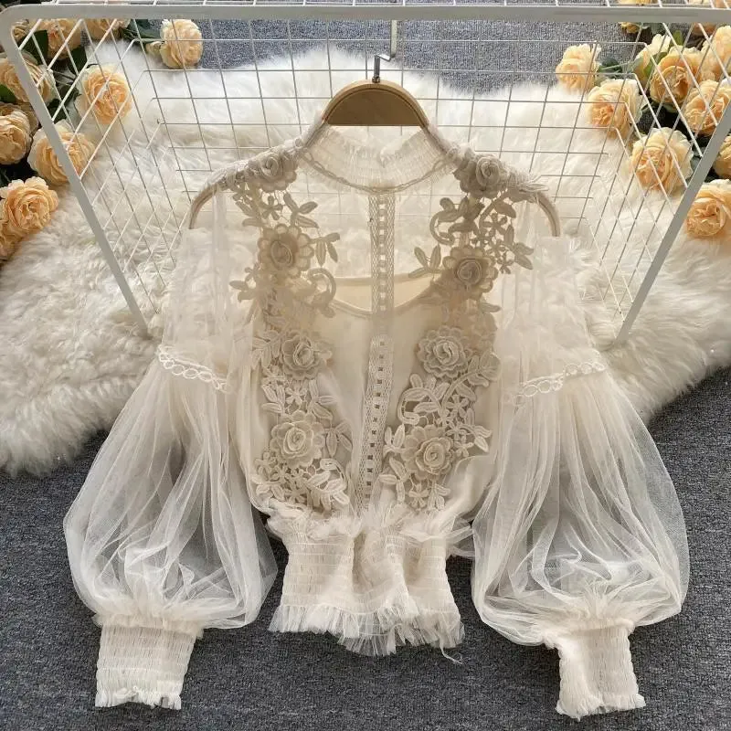 Vintage Flower Lace Lantern Sleeve Blouse