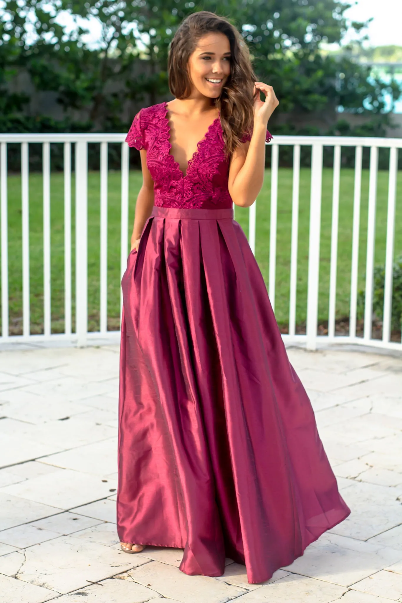 Wine Short Sleeve Maxi Dress with Embroidered Top