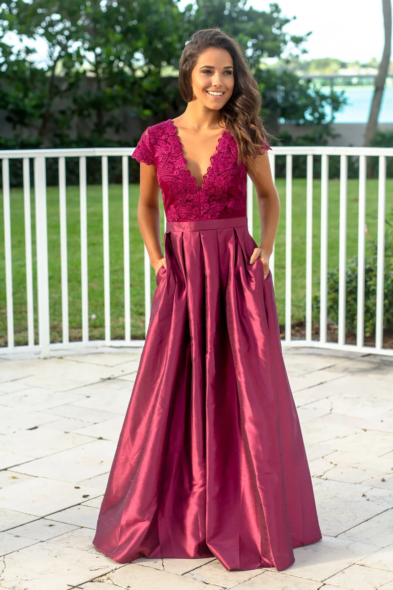 Wine Short Sleeve Maxi Dress with Embroidered Top