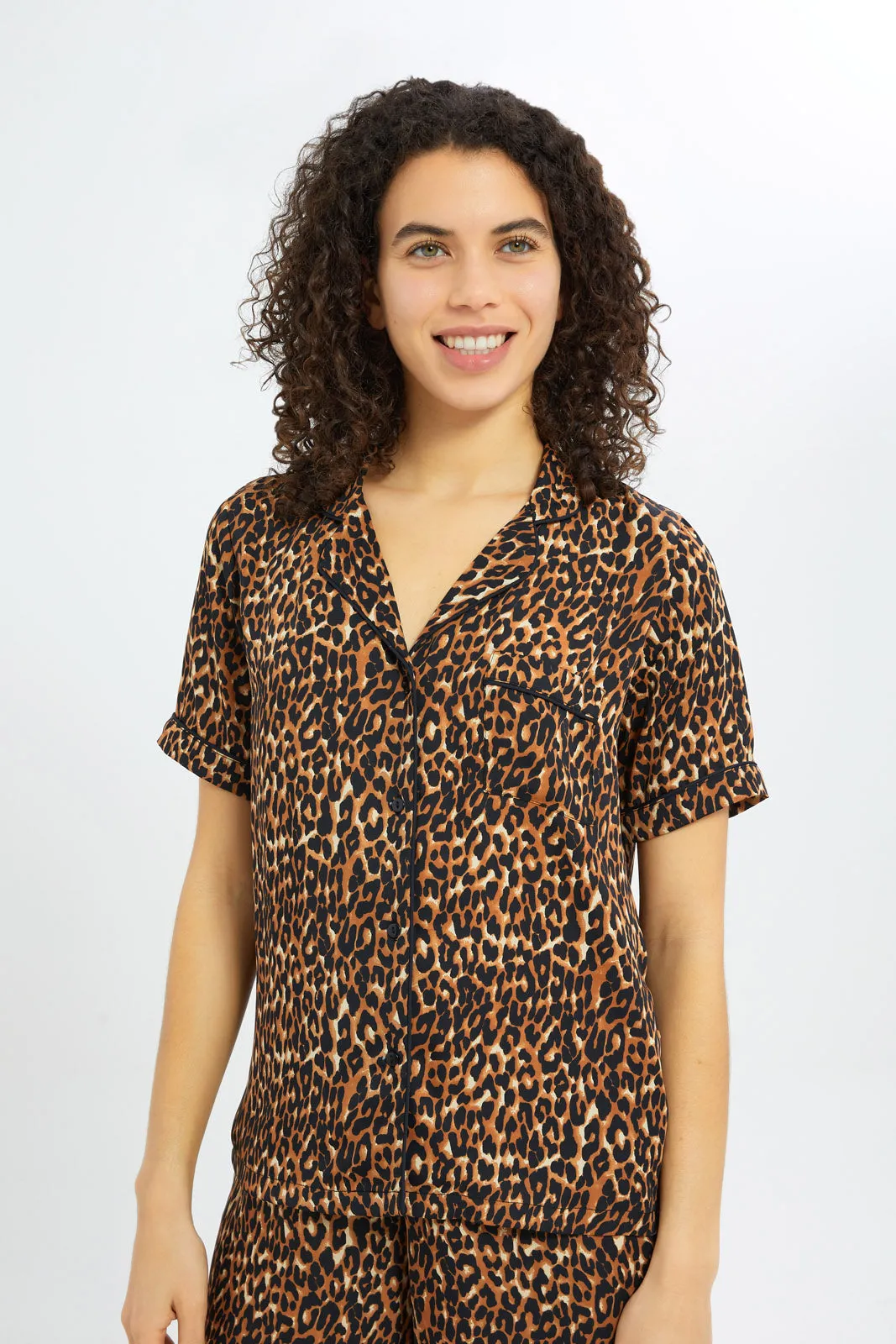 Women Brown Printed Short Sleeves Pyjama Set (2 Piece)