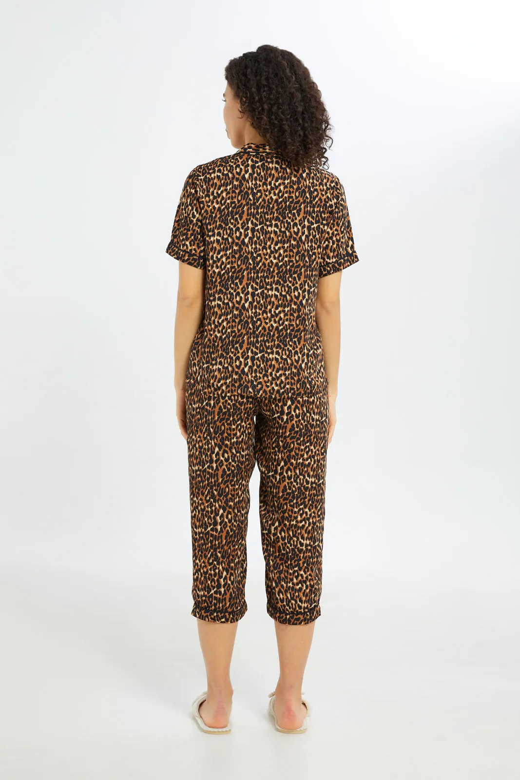 Women Brown Printed Short Sleeves Pyjama Set (2 Piece)