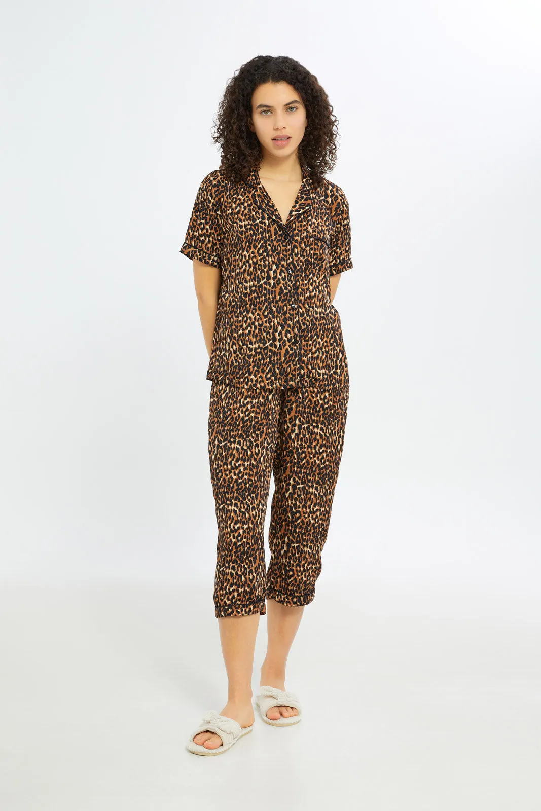 Women Brown Printed Short Sleeves Pyjama Set (2 Piece)