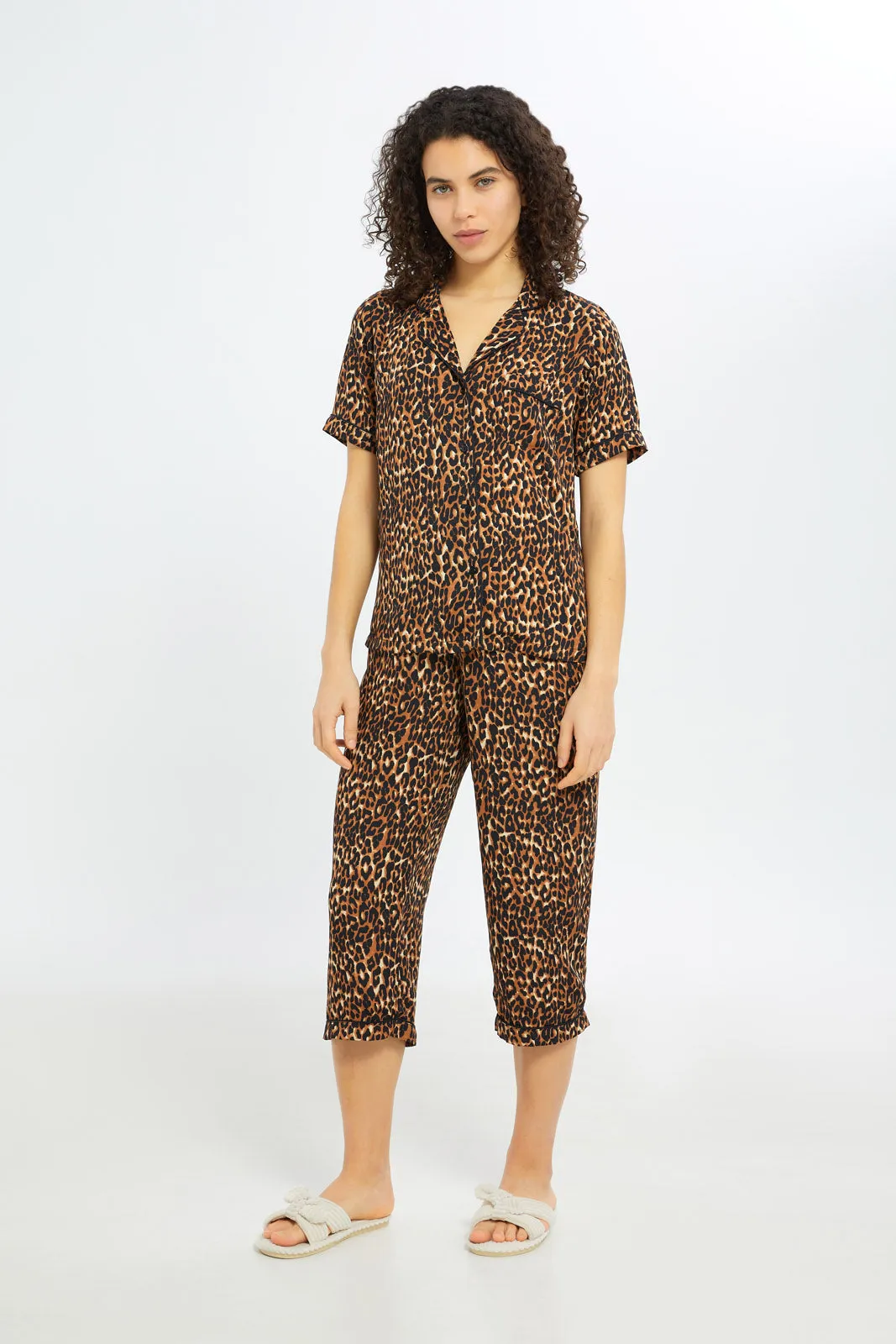 Women Brown Printed Short Sleeves Pyjama Set (2 Piece)