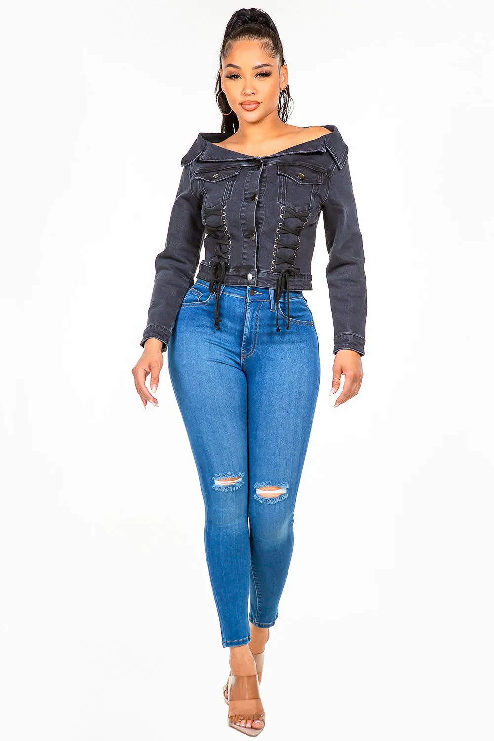 Women's Casual  Off Shoulder Lace Up Denim Jacket