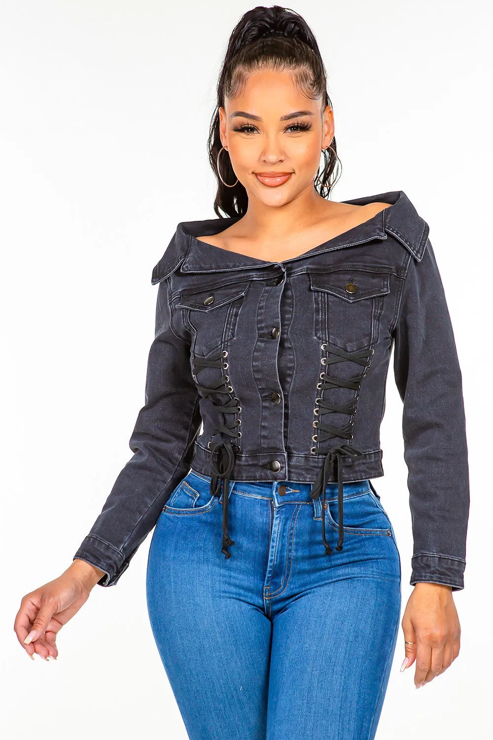 Women's Casual  Off Shoulder Lace Up Denim Jacket