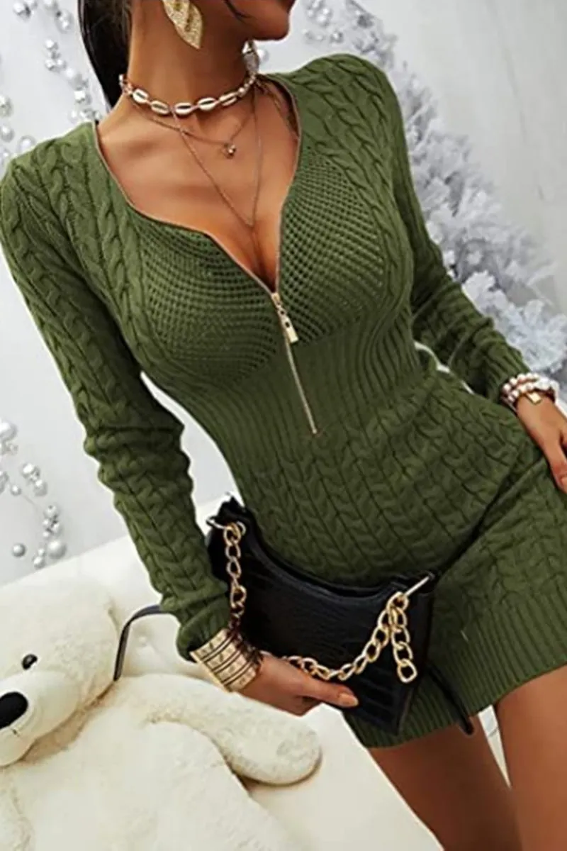 Zipper V Neck Bodycon Sweater Dress